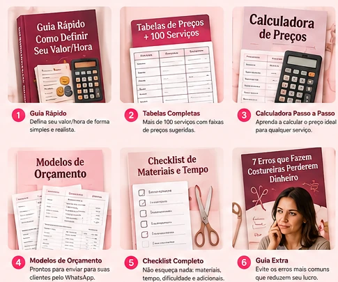 Visão dos materiais incluídos no kit Preço Certo da Costureira